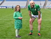 31 May 2025; Paul Kennedy of London with his niece Kim Wickham, age 8, from Dublin after his side's victory in the Christy Ring Cup final match between Derry and London at Croke Park in Dublin. Photo by Stephen Marken/Sportsfile