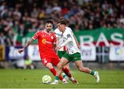 30 May 2025; Evan McLaughlin of Cork City in action against Ellis Chapman of Shelbourne during the SSE Airtricity Men's Premier Division match between Cork City and Shelbourne at Turner's Cross in Cork. Photo by Michael P Ryan/Sportsfile