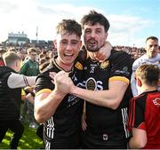 31 May 2025; Cilium Doherty, left, and James Guinness of Down celebrate after the GAA Football All-Ireland Senior Championship Round 2 match between Down and Louth at Páirc Esler in Newry, Down. Photo by Daire Brennan/Sportsfile