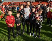 31 May 2025; Down manager Conor Laverty celebrates with his sons, left to right, Conor Óg, aged 9, Fiachra, aged 7, Cahir, aged 3, Setanta, aged 13, Conleth, aged 11, and Iarla, aged 5 months, after the GAA Football All-Ireland Senior Championship Round 2 match between Down and Louth at Páirc Esler in Newry, Down. Photo by Daire Brennan/Sportsfile