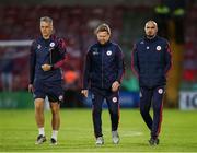 30 May 2025; Shelbourne manager Damien Duff, centre, with goalkeeping coach Paul Skinner, left, and assistant Joey O'Brien after the SSE Airtricity Men's Premier Division match between Cork City and Shelbourne at Turner's Cross in Cork. Photo by Michael P Ryan/Sportsfile