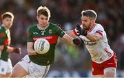 31 May 2025; Rory Brickenden of Mayo in action against Mattie Donnelly of Tyrone during the GAA Football All-Ireland Senior Championship Round 2 match between Tyrone and Mayo at O'Neills Healy Park in Omagh, Tyrone. Photo by Piaras Ó Mídheach/Sportsfile