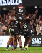 31 May 2025; Hollywoodbets Sharks players celebrate beating Munster in a kick off to qualify for the semi-finals during the United Rugby Championship quarter-final match between Hollywoodbets Sharks and Munster at Kings Park Stadium in Durban, South Africa. Photo by Shaun Roy/Sportsfile