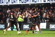 31 May 2025; Jaden Hendrikse of Hollywoodbets Sharks and Bradley Davids of Hollywoodbets Sharks celebrate as Hollywoodbets Sharks beat Munster in a kick off to qualify for the semi-finals during the United Rugby Championship quarter-final match between Hollywoodbets Sharks and Munster at Kings Park Stadium in Durban, South Africa. Photo by Shaun Roy/Sportsfile