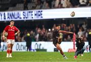 31 May 2025; Bradley Davids of Hollywoodbets Sharks kicks the final kick as Hollywoodbets Sharks beat Munster in the kick off to qualify for the semi-finals during the United Rugby Championship quarter-final match between Hollywoodbets Sharks and Munster at Kings Park Stadium in Durban, South Africa. Photo by Shaun Roy/Sportsfile