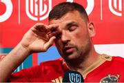 31 May 2025; Munster captain Tadhg Beirne is interviewed after losing the United Rugby Championship quarter-final match against Hollywoodbets via a kick-off at Kings Park Stadium in Durban, South Africa. Photo by Shaun Roy/Sportsfile