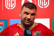 31 May 2025; Munster captain Tadhg Beirne is interviewed after losing the United Rugby Championship quarter-final match against Hollywoodbets via a kick-off at Kings Park Stadium in Durban, South Africa. Photo by Shaun Roy/Sportsfile