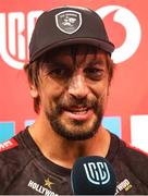 31 May 2025; Hollywoodbets Sharks captain Eben Etzebeth is interviewed after the United Rugby Championship quarter-final match between Hollywoodbets Sharks and Munster at Kings Park Stadium in Durban, South Africa. Photo by Shaun Roy/Sportsfile