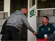 30 May 2025; Former Republic of Ireland international and current Barnsley manager Conor Hourihane is greeted by Cork City owner Dermot Usher before the SSE Airtricity Men's Premier Division match between Cork City and Shelbourne at Turner's Cross in Cork. Photo by Michael P Ryan/Sportsfile