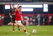 31 May 2025; Rory Scannell of Munster successfully converts his kick during the kick-off after the United Rugby Championship quarter-final match between Hollywoodbets Sharks and Munster at Kings Park Stadium in Durban, South Africa ended in a 24-24 draw. Photo by Shaun Roy/Sportsfile