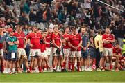 31 May 2025; Munster players look on during the kick-off after the United Rugby Championship quarter-final match between Hollywoodbets Sharks and Munster at Kings Park Stadium in Durban, South Africa ended in a 24-24 draw. Photo by Shaun Roy/Sportsfile