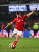 31 May 2025; Jack Crowley of Munster successfully converts his kick during the kick-off after the United Rugby Championship quarter-final match between Hollywoodbets Sharks and Munster at Kings Park Stadium in Durban, South Africa ended in a 24-24 draw. Photo by Shaun Roy/Sportsfile