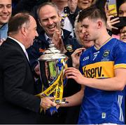 31 May 2025; Leinster Council chairman Derek Kent presents the the James Nowlan Cup to Tipperary captain Sam O'Farrell after the oneills.com GAA Hurling All-Ireland U20 Championship final match between Kilkenny and Tipperary at UPMC Nowlan Park in Kilkenny. Photo by Ray McManus/Sportsfile