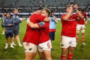 31 May 2025; Michael Milne and Craig Casey of Munster react after losing to the Hollywoodbets Sharks in a kick-off after their United Rugby Championship quarter-final match at Kings Park Stadium in Durban, South Africa ended in a 24-24 draw. Photo by Shaun Roy/Sportsfile