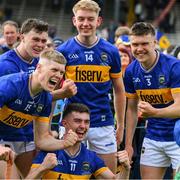 31 May 2025; Tipperary players, Oisin O'Donoghue, 15, Darragh McCarthy, 13, Paddy McCormack, 14, Aaron O'Halloran, 3 and Conor Martin, 11, clebrate after the oneills.com GAA Hurling All-Ireland U20 Championship final match between Kilkenny and Tipperary at UPMC Nowlan Park in Kilkenny. Photo by Ray McManus/Sportsfile
