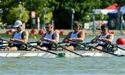 1 June 2025; Team Ireland, from left, Philip Doyle, Ronan Byrne, Adam Murphy and Andrew Sheehan in action during the Men’s Quadruple Sculls B Final at the 2025 European Rowing Championships at Plovdiv Canoe and Rowing Centre in Plovdiv, Bulgaria. Photo by Nikola Krstic/Sportsfile