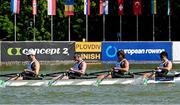 1 June 2025; Team Ireland, from left, Philip Doyle, Ronan Byrne, Adam Murphy and Andrew Sheehan in action during the Men’s Quadruple Sculls B Final at the 2025 European Rowing Championships at Plovdiv Canoe and Rowing Centre in Plovdiv, Bulgaria. Photo by Nikola Krstic/Sportsfile