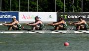 1 June 2025; Team Ireland, from left, Philip Doyle, Ronan Byrne, Adam Murphy and Andrew Sheehan in action during the Men’s Quadruple Sculls B Final at the 2025 European Rowing Championships at Plovdiv Canoe and Rowing Centre in Plovdiv, Bulgaria. Photo by Nikola Krstic/Sportsfile