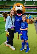31 May 2025; Leinster mascot Leo Priestman with Leo the Lion before the United Rugby Championship quarter-final match between Leinster and Scarlets at the Aviva Stadium in Dublin. Photo by Brendan Moran/Sportsfile
