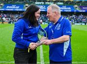 31 May 2025; John Hassett of the OLSC makes a presentation to Leinster legend Hannah O'Connor at half-time in the United Rugby Championship quarter-final match between Leinster and Scarlets at the Aviva Stadium in Dublin. Photo by Brendan Moran/Sportsfile