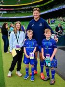 31 May 2025; Leinster mascots Leo Priestman and Conor Clarke, right, with Jordie Barrett before the United Rugby Championship quarter-final match between Leinster and Scarlets at the Aviva Stadium in Dublin. Photo by Brendan Moran/Sportsfile