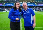 31 May 2025; John Hassett of the OLSC makes a presentation to Leinster legend Hannah O'Connor at half-time in the United Rugby Championship quarter-final match between Leinster and Scarlets at the Aviva Stadium in Dublin. Photo by Brendan Moran/Sportsfile