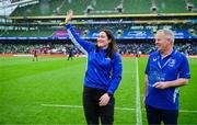 31 May 2025; Leinster legend Hannah O'Connor is introdeced to the crowd at half-time in the United Rugby Championship quarter-final match between Leinster and Scarlets at the Aviva Stadium in Dublin. Photo by Brendan Moran/Sportsfile