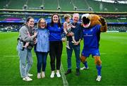 31 May 2025; Leinster legend Hannah O'Connor with family after being introduced to the crowd at half-time in the United Rugby Championship quarter-final match between Leinster and Scarlets at the Aviva Stadium in Dublin. Photo by Brendan Moran/Sportsfile