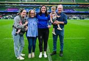 31 May 2025; Leinster legend Hannah O'Connor with family after being introduced to the crowd at half-time in the United Rugby Championship quarter-final match between Leinster and Scarlets at the Aviva Stadium in Dublin. Photo by Brendan Moran/Sportsfile