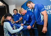 31 May 2025; Leinster players John McKee, Paddy McCarthy and James Culhane with supporters in Autograph Alley before the United Rugby Championship quarter-final match between Leinster and Scarlets at the Aviva Stadium in Dublin. Photo by Seb Daly/Sportsfile