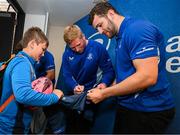 31 May 2025; Leinster players John McKee, Paddy McCarthy and James Culhane with supporters in Autograph Alley before the United Rugby Championship quarter-final match between Leinster and Scarlets at the Aviva Stadium in Dublin. Photo by Seb Daly/Sportsfile