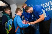 31 May 2025; Leinster players John McKee, Paddy McCarthy and James Culhane with supporters in Autograph Alley before the United Rugby Championship quarter-final match between Leinster and Scarlets at the Aviva Stadium in Dublin. Photo by Seb Daly/Sportsfile