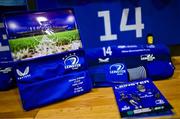 31 May 2025; A commemorative jersey to mark the 100th Leinster cap of Jimmy O'Brien in the Leinster dressingroom before the United Rugby Championship quarter-final match between Leinster and Scarlets at the Aviva Stadium in Dublin. Photo by Brendan Moran/Sportsfile