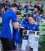 31 May 2025; Garry Ringrose of Leinster with supporters before the United Rugby Championship quarter-final match between Leinster and Scarlets at the Aviva Stadium in Dublin. Photo by Brendan Moran/Sportsfile