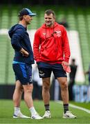 31 May 2025; Scarlets defence coach Jared Payne, right, and Leinster assistant coach Tyler Bleyendaal before the United Rugby Championship quarter-final match between Leinster and Scarlets at the Aviva Stadium in Dublin. Photo by Brendan Moran/Sportsfile