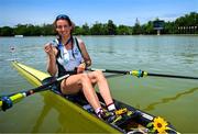 1 June 2025; Fiona Murtagh of Ireland celebrates with a silver medal after the Women’s Single Sculls A Final at the 2025 European Rowing Championships at Plovdiv Canoe and Rowing Centre in Plovdiv, Bulgaria. Photo by Nikola Krstic/Sportsfile