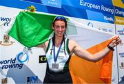 1 June 2025; Fiona Murtagh of Ireland celebrates with a silver medal after the Women’s Single Sculls A Final at the 2025 European Rowing Championships at Plovdiv Canoe and Rowing Centre in Plovdiv, Bulgaria. Photo by Nikola Krstic/Sportsfile