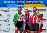 1 June 2025; Medalists, from left; Fiona Murtagh of Ireland, second place; Fiona Henry of Great Britain, first place; and Frida Sanggaard Nielsen of Denmark, third place, pictured after the Women’s Single Sculls A Final at the 2025 European Rowing Championships at Plovdiv Canoe and Rowing Centre in Plovdiv, Bulgaria. Photo by Nikola Krstic/Sportsfile