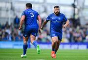 31 May 2025; Rabah Slimani of Leinster, right, comes on to replace teammate Thomas Clarkson during the United Rugby Championship quarter-final match between Leinster and Scarlets at the Aviva Stadium in Dublin. Photo by Brendan Moran/Sportsfile
