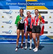 1 June 2025; Medalists, from left; Fiona Murtagh of Ireland, second place; Fiona Henry of Great Britain, first place; and Frida Sanggaard Nielsen of Denmark, third place, pictured after the Women’s Single Sculls A Final at the 2025 European Rowing Championships at Plovdiv Canoe and Rowing Centre in Plovdiv, Bulgaria. Photo by Nikola Krstic/Sportsfile