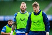 31 May 2025; RG Snyman of Leinster, centre, and teammate Diarmuid Mangan before the United Rugby Championship quarter-final match between Leinster and Scarlets at the Aviva Stadium in Dublin. Photo by Seb Daly/Sportsfile