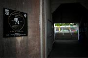 1 June 2025; A plaque in memory of captain of the Cavan 1947 All-Ireland Football Final victory, Comdt John Joe O'Reilly, on the wall of the main stand before the GAA Football All-Ireland Senior Championship Round 2 match between Cavan and Donegal at Kingspan Breffni in Cavan. Photo by Brendan Moran/Sportsfile
