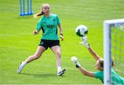 1 June 2025; Aoibheann Clancy and goalkeeper Sophie Whitehouse during a Republic of Ireland women's training session at Turner's Cross in Cork. Photo by Stephen McCarthy/Sportsfile