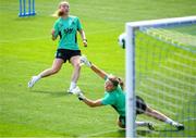 1 June 2025; Aoibheann Clancy and goalkeeper Sophie Whitehouse during a Republic of Ireland women's training session at Turner's Cross in Cork. Photo by Stephen McCarthy/Sportsfile