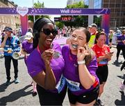 1 June 2025; Vhi Ambassadors, Katja Mia, left, and Clóda Scanlon after the 2025 Vhi Women’s Mini Marathon. More than 28,500 women from all over the country took to the streets of Dublin to run, walk and jog the 10km route, raising much needed funds for hundreds of charities. For further information please log on to www.vhiwomensminimarathon.ie. Photo by David Fitzgerald/Sportsfile