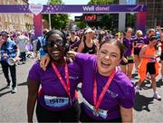 1 June 2025; Vhi Ambassadors, Katja Mia, left, and Clóda Scanlon after the 2025 Vhi Women’s Mini Marathon. More than 28,500 women from all over the country took to the streets of Dublin to run, walk and jog the 10km route, raising much needed funds for hundreds of charities. For further information please log on to www.vhiwomensminimarathon.ie. Photo by David Fitzgerald/Sportsfile
