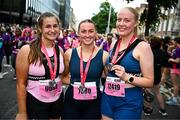 1 June 2025; Participants, from left, Una Brophy, Roisin Phelan, and Aine Kelly after the 2025 Vhi Women’s Mini Marathon. More than 28,500 women from all over the country took to the streets of Dublin to run, walk and jog the 10km route, raising much needed funds for hundreds of charities. For further information please log on to www.vhiwomensminimarathon.ie Photo by Seb Daly/Sportsfile