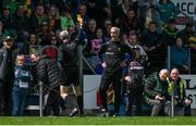 1 June 2025; Donegal manager Jim McGuinness is shown a yellow card by referee Fergal Kelly during the GAA Football All-Ireland Senior Championship Round 2 match between Cavan and Donegal at Kingspan Breffni in Cavan. Photo by Brendan Moran/Sportsfile
