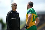 1 June 2025; Donegal manager Jim McGuinness, left, and Michael Murphy before the GAA Football All-Ireland Senior Championship Round 2 match between Cavan and Donegal at Kingspan Breffni in Cavan. Photo by Brendan Moran/Sportsfile