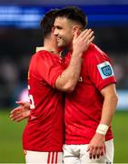 31 May 2025; Diarmuid Barron of Munster and Conor Murray of Munster after extra time during the United Rugby Championship quarter-final match between Hollywoodbets Sharks and Munster at Kings Park Stadium in Durban, South Africa. Photo by Shaun Roy/Sportsfile